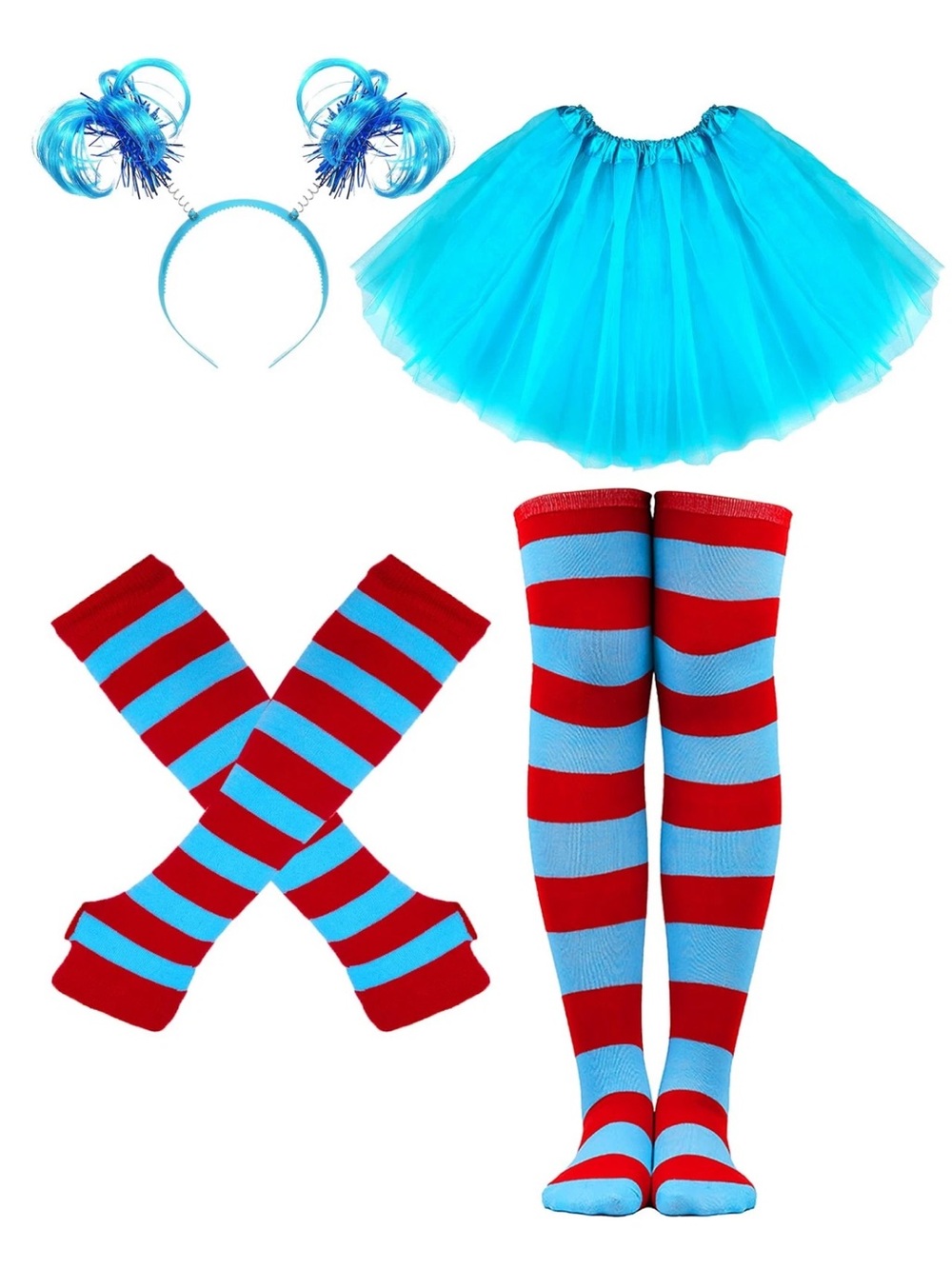 Blue Tutu Skirt, Pom Pom Headband, Red Blue Striped Gloves Socks NEW thing 1 2